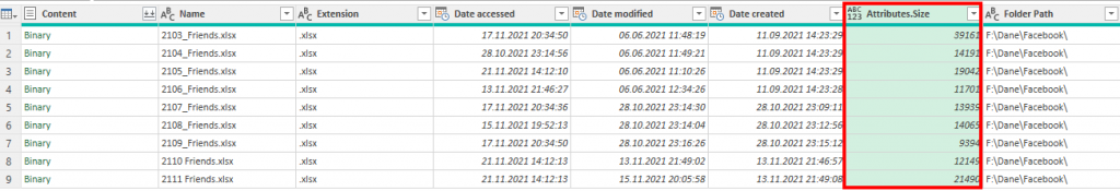 atrybut Size w importowanym folderze w Power Query